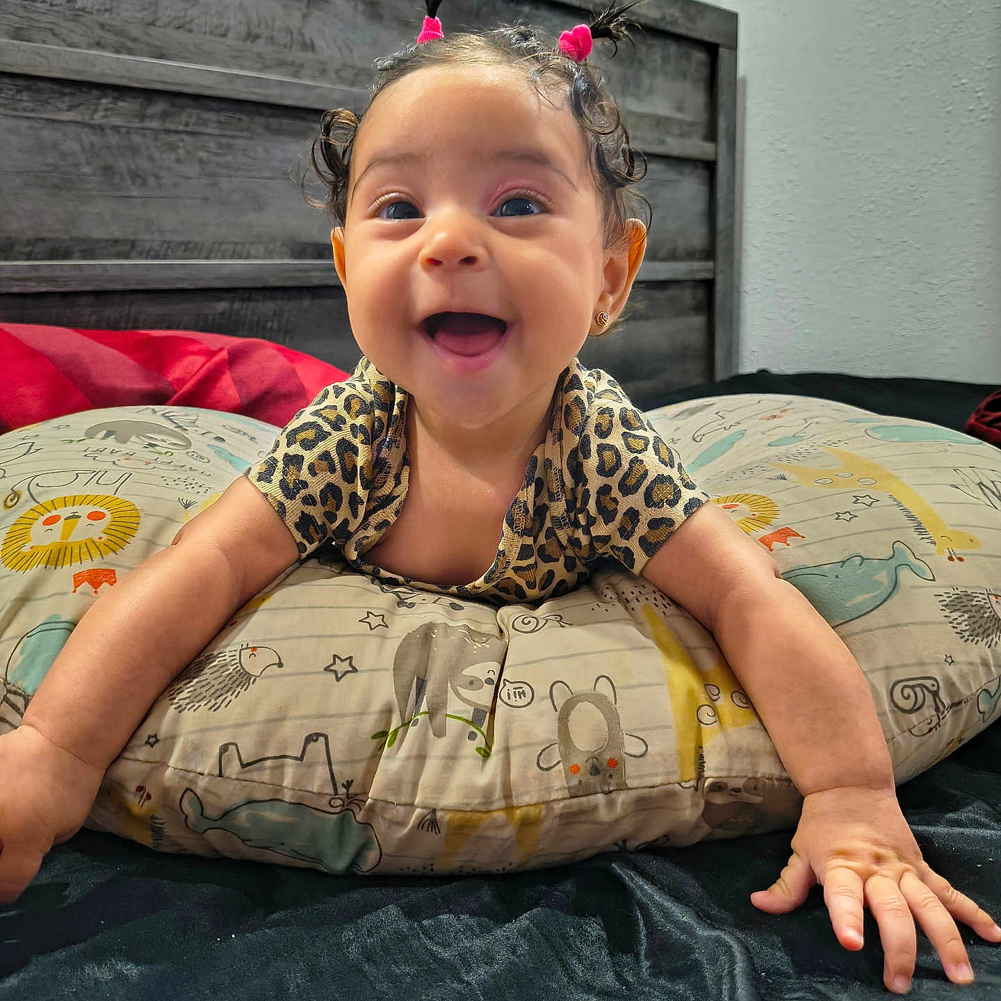 Alma is registered to the contest to win money with this photo: animal_print_clothing, animal_print_pillow, baby, baby_hands, bed, bedroom, child, cute, face, happy, indoors, infant, joyful, person, pigtails, pillow, pink_hair_ties, smiling, wall, wooden_headboard