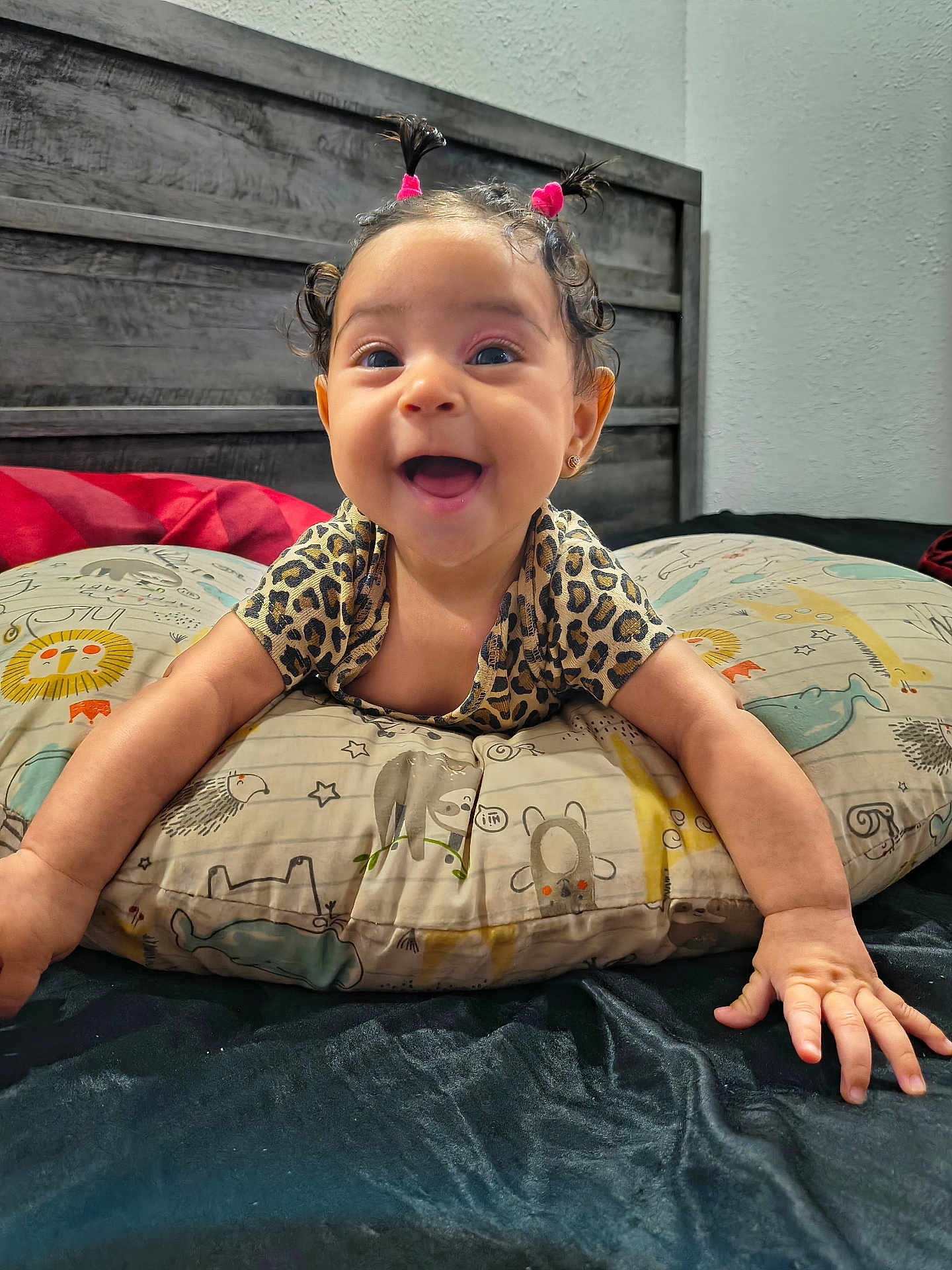 Alma is registered to the contest to win money with this photo: baby, smiling, pigtails, pink_hair_ties, animal_print_clothing, pillow, animal_print_pillow, bedroom, wooden_headboard, baby_hands, happy, cute, child, infant, indoors, face, person, wall, bed, joyful
