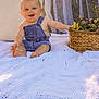 baby, denim_overalls, smiling, outdoor, blanket, basket, flowers, sunlight, curtains, happy, child, sitting, nature, portrait, cute, infant, grass, daylight, relaxing, playful