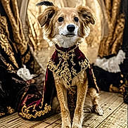 Foxy is registered to the contest to win money with this photo: animal, canine, cape, costume, dog, drapery, ears, eyes, face, furry, gold_embroidery, indoors, luxury, nose, pet, portrait, regal, sitting, velvet, wooden_floor