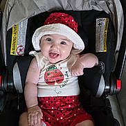 Mckenzie joined the competition — help win amazing prizes! adorable, apparel, baby, car_seat, child, clothing, cute, face, happy, hat, indoors, infant, pacifier, person, polka_dot, red, seat, sitting, smile, white