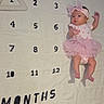baby, infant, pink_tutu, headband, milestone_blanket, numbers, months, lying_down, cute, young_child, floor, carpet, clothing, portrait, person, baby_girl, celebration, newborn, indoor, white_blanket