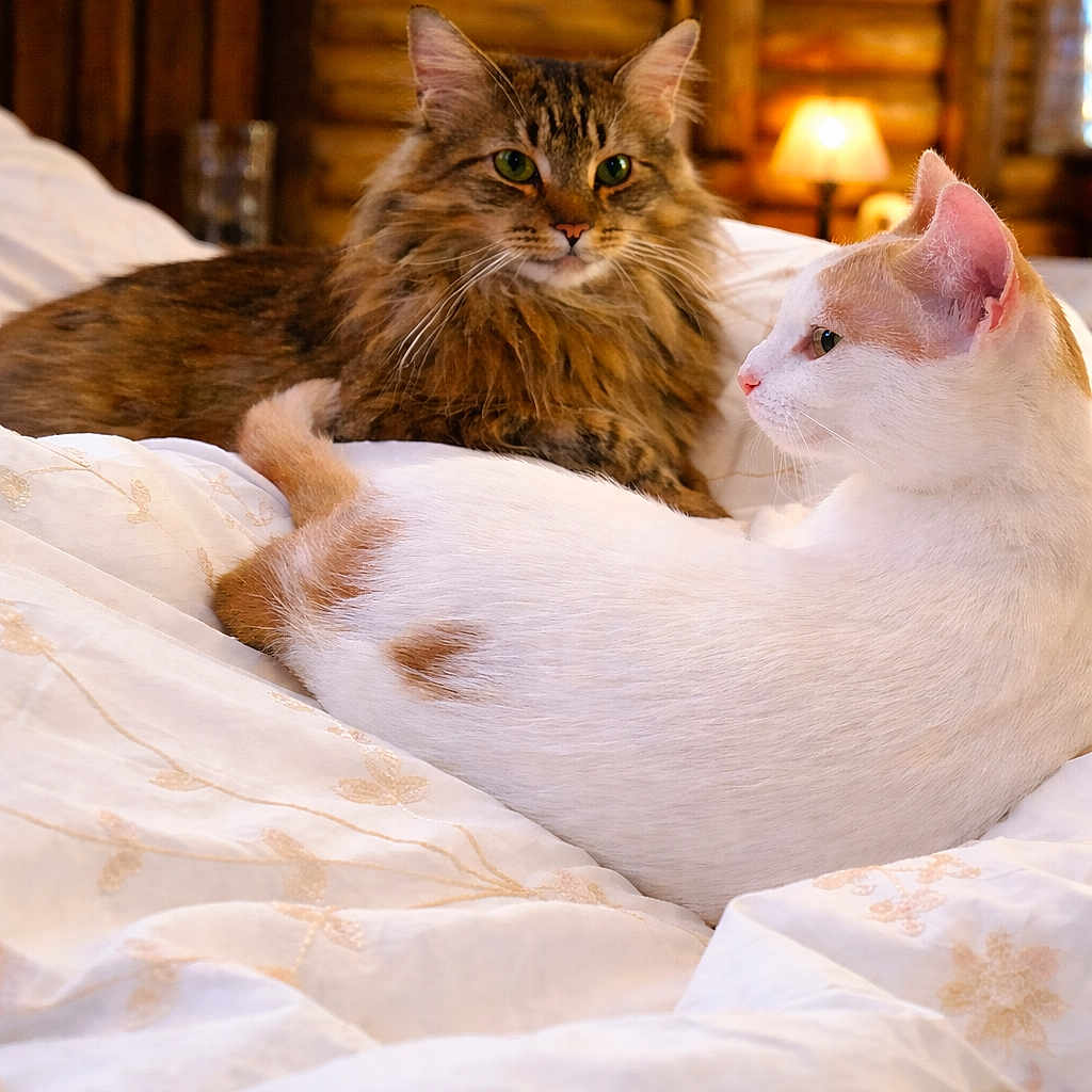 Tiger And Spitfire joined the competition — help win amazing prizes! animal, bed, blanket, cat, closeup, cozy, domestic_cat, feline, fur, indoor, lamp, orange_spot, pet, relaxed, resting, tabby_cat, two_animals, warm_lighting, white_cat, wooden_wall