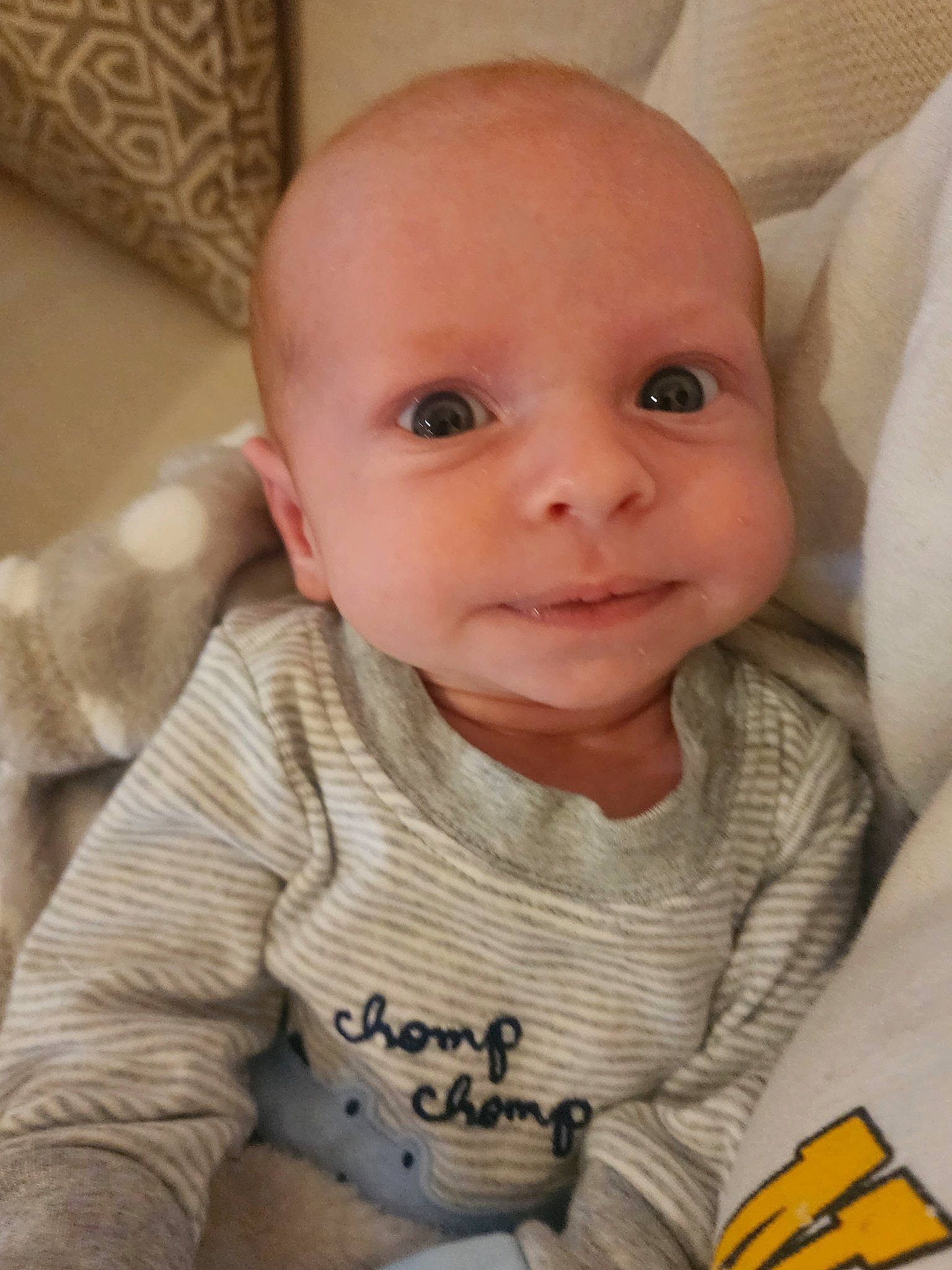 Palmer is registered to the contest to win money with this photo: baby, baby_toddler_clothing, cheek, child, chin, close_up, comfort, eye, eyebrow, eyelash, face, facial_expression, hairstyle, iris, lip, mouth, nose, person, skin, sleeve