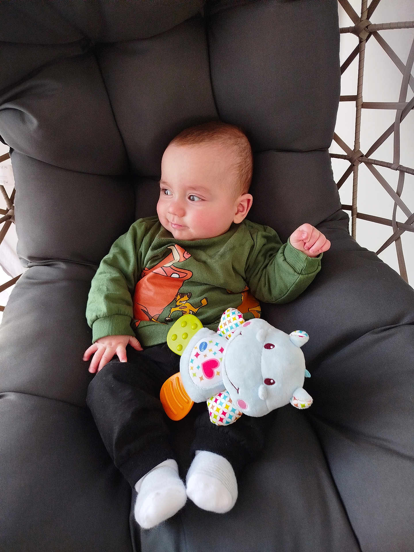 Noah a rejoint le concours — aidez-le/la à gagner de superbes lots ! baby, child, plush_toy, hippo_toy, green_sweatshirt, black_pants, white_socks, cushioned_chair, indoor, comfortable, cute, smiling, seated, person, infant, toy, colorful, portrait, relaxed, cozy