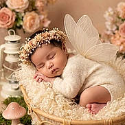 Miriam is registered to the contest to win money with this photo: baby, sleeping, fairy_wings, floral_crown, basket, moss, mushrooms, flowers, newborn, soft_texture, cozy, portrait, cute, infant, nature_theme, decor, peaceful, child, resting, whimsical