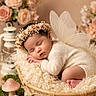 baby, sleeping, fairy_wings, floral_crown, basket, moss, mushrooms, flowers, newborn, soft_texture, cozy, portrait, cute, infant, nature_theme, decor, peaceful, child, resting, whimsical
