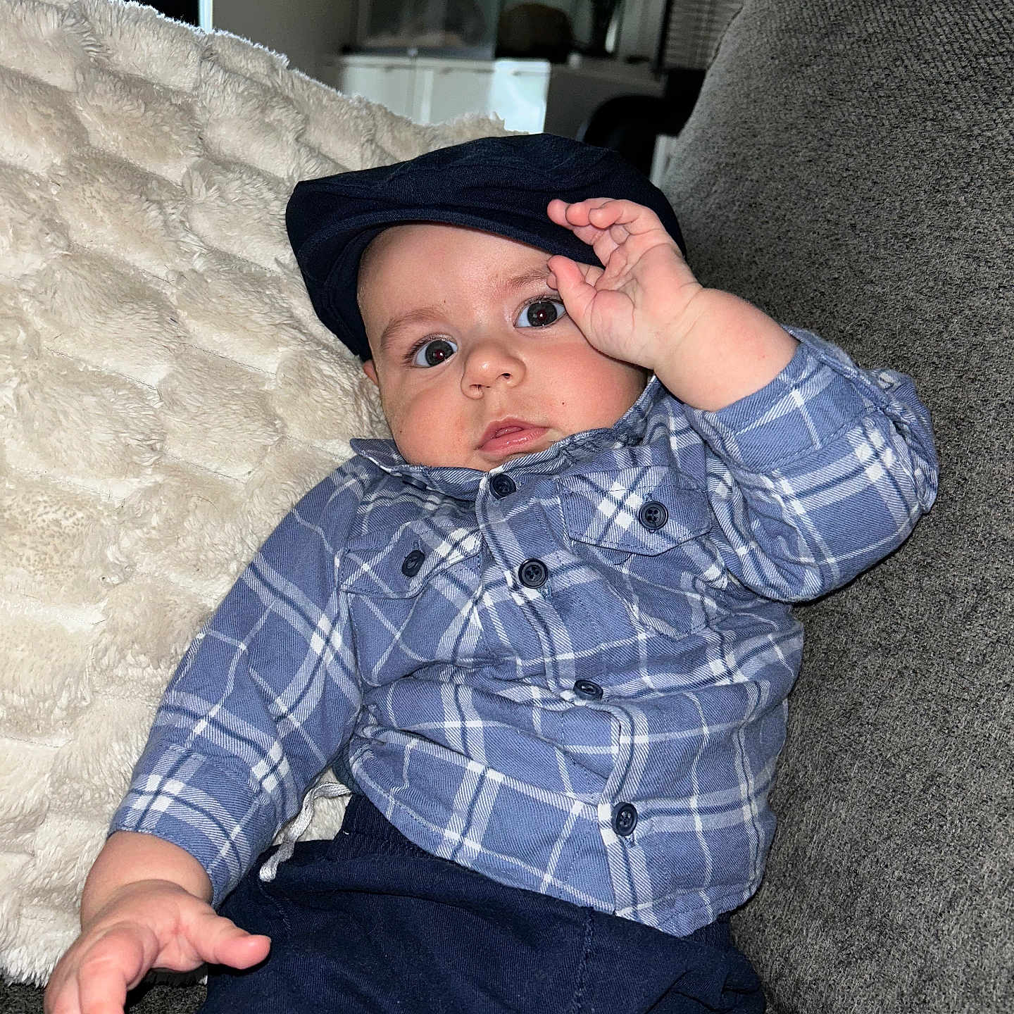 Alezio participe au concours pour gagner de l'argent avec cette photo : baby, blanket, blue_shirt, cap, child, couch, cozy, curious_expression, flowers, hand, indoor, infant, living_room, navy_pants, pet_cage, pillow, plaid_shirt, portrait, vase, wide_eyes