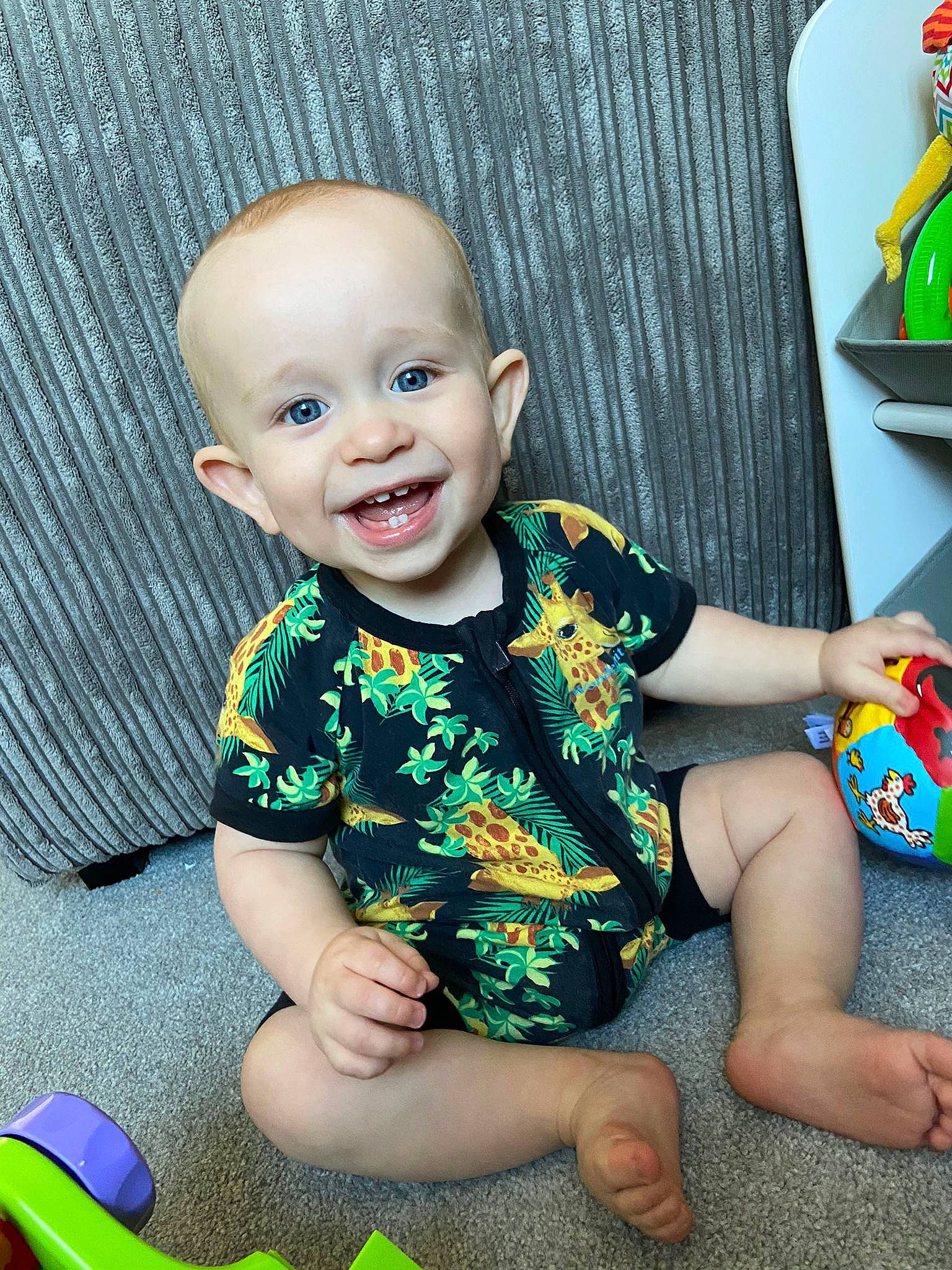 Leonard joined the competition — help win amazing prizes! baby, baby_toddler_clothing, cheek, child, cool, eye, facial_expression, fun, grass, green, happy, human, joy, person, sitting, skin, sleeve, smile, t_shirt, thigh