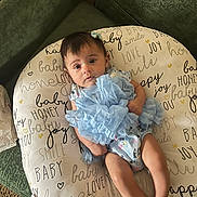Thalia is registered to the contest to win money with this photo: baby, infant, cushion, blue_clothing, bow, face, person, lying_down, furniture, sofa, text, pattern, home_interior, carpet, cute, child, smile, small_hands, legs, resting