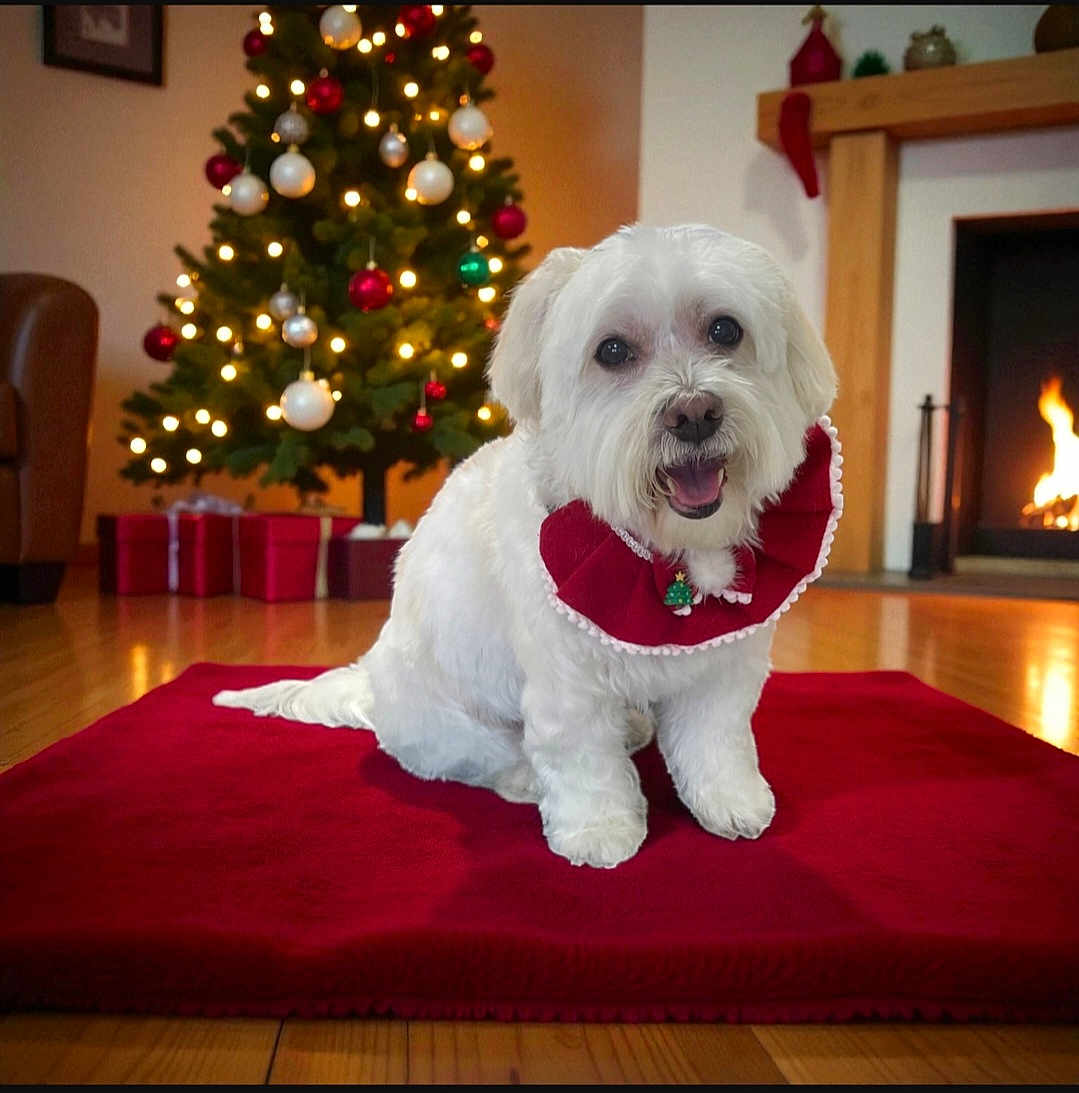 Leia joined the competition — help win amazing prizes! dog, white_dog, christmas_tree, christmas_decorations, fireplace, red_mat, holiday, festive, indoor, wooden_floor, ornaments, lights, smiling_dog, pet, cozy, decor, gift_boxes, living_room, cute, happy