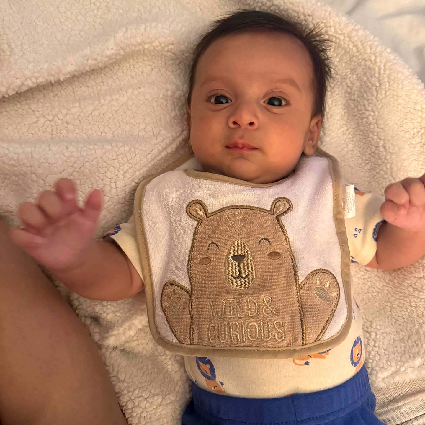 Líam Mauricio Susman is registered to the contest to win money with this photo: baby, bib, blanket, blue_pants, clothing, cream_blanket, curious_expression, cute, face, hand, indoors, infant, lying_down, person, portrait, sleepwear, smiling_bear, soft_texture, toddler, young_child