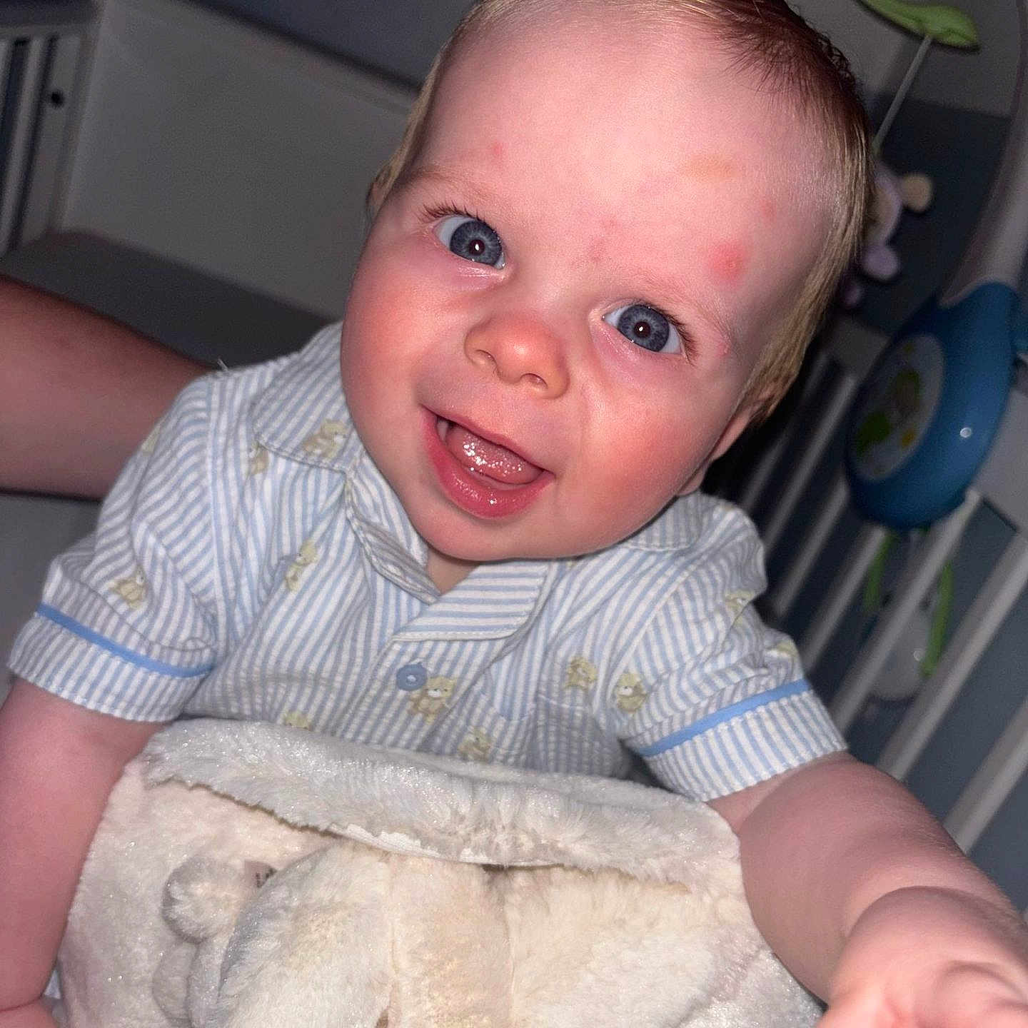 Jude is registered to the contest to win money with this photo: architecture, baby, babylaughing, bed, building, crib, cushion, face, furniture, happy, head, homedecor, hospital, infantbed, laughing, newborn, person, photography, portrait, smile