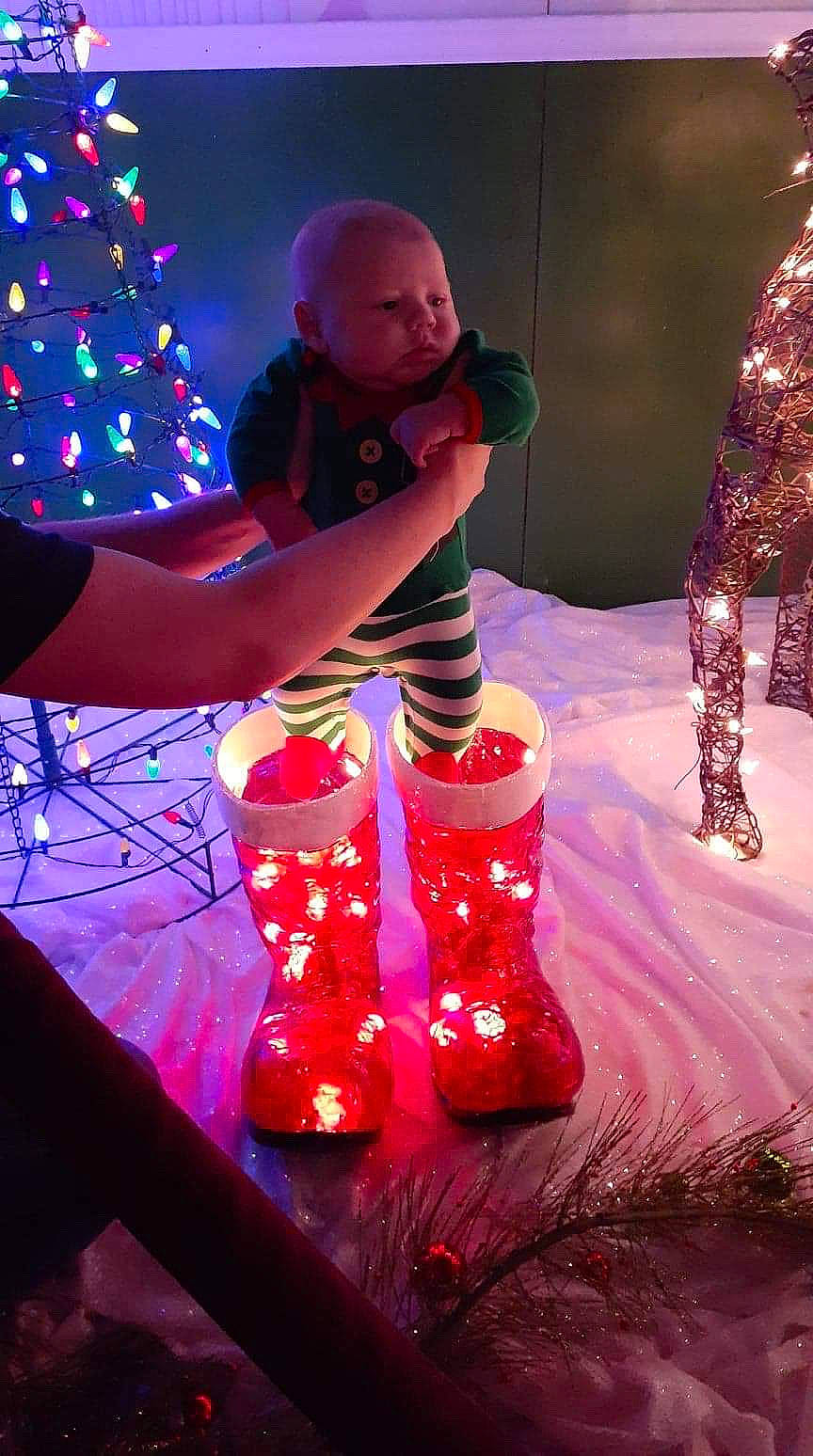 Caius joined the competition — help win amazing prizes! child, christmas_lights, fun, human_leg, light, lighting, magenta, person, pink, plant, purple, toddler, tree
