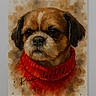 dog, watercolor, portrait, painting, artwork, red_sweater, brown_fur, black_ears, animal, pet, illustration, face, close_up, front_view, grumpy, indoors, phone_screen, web_browser, shopify, handwritten_signature