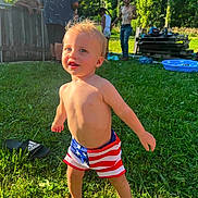Raiden Dale Secrest is registered to the contest to win money with this photo: american_flag, barefoot, casual, child, family, fun, grass, happy, nature, outdoor, party, people, play, shirtless, shorts, summer, sunlight, toddler, trees, yard