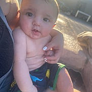 Jayson joined the competition — help win amazing prizes! baby, infant, child, portrait, sitting, outdoor, sunlight, backlighting, adult, parent, bare_chest, shorts, beach, patio, chair, hand, face, eyes, looking_at_camera, family