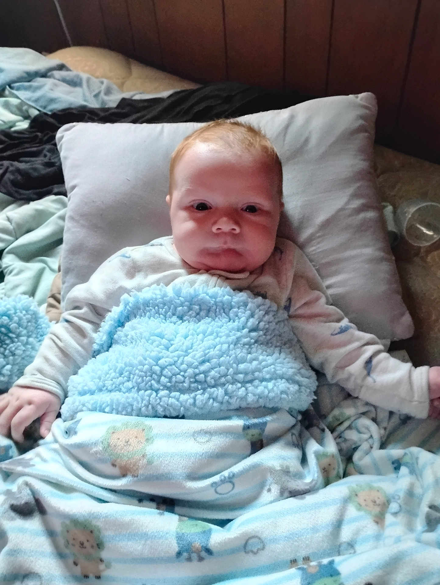 Jase Jr is registered to the contest to win money with this photo: baby, blanket, pillow, bed, pajamas, face, infant, sleepwear, child, indoor, lying_down, cute, soft_texture, cozy, animal_print, wood_paneling, hand, expression, comfort, portrait