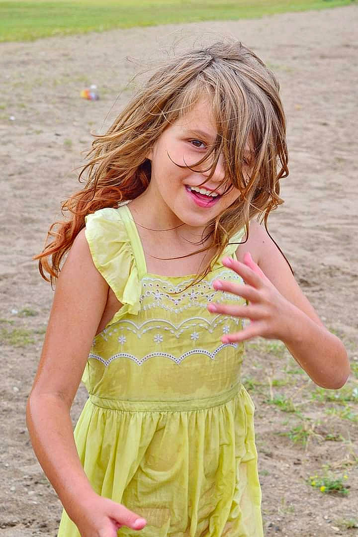Madisyn joined the competition — help win amazing prizes! blond, brown_hair, child, child_model, dress, facial_expression, finger, fun, gesture, grass, hair, hairstyle, joy, long_hair, pattern, people_in_nature, person, photography, smile, summer