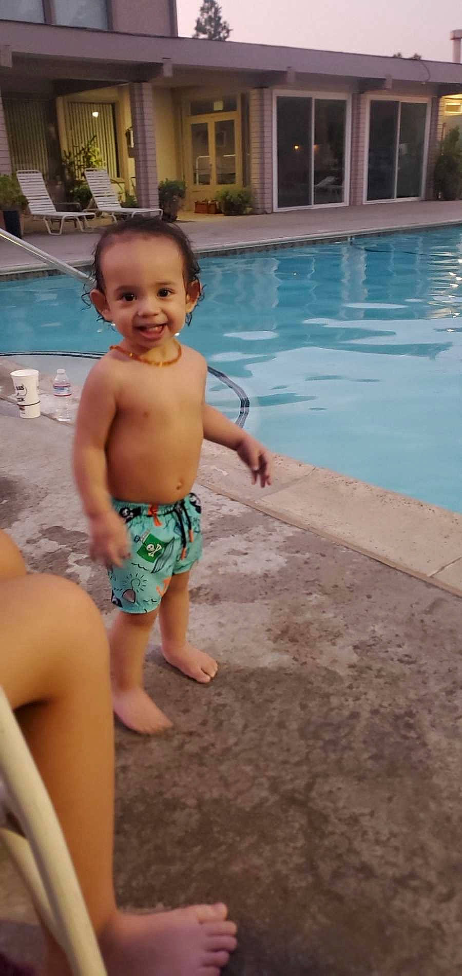 Chance Jr. joined the competition — help win amazing prizes! abdomen, barechested, barefoot, bathing, calf, chest, child, composite_material, fluid, foot, joy, leisure, person, summer, swimming_pool, thumb, tile, toddler, toe, trunk