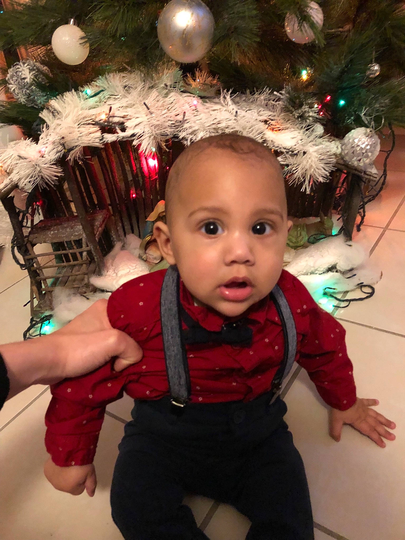 Noam a rejoint le concours — aidez-le/la à gagner de superbes lots ! baby, cheek, child, christmas, christmas_decoration, christmas_eve, christmas_ornament, christmas_tree, event, face, fir, head, holiday, interior_design, person, plant, sitting, smile, standing, surprise