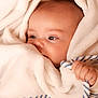 baby, blanket, child, face, hand, infant, soft, striped, wrapped, cute, cozy, clothing, sleepwear, comfort, newborn, portrait, skin, toddler, warm, expression