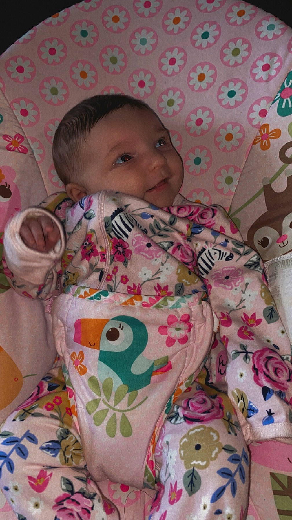 Emersyn is registered to the contest to win money with this photo: baby, baby_products, baby_toddler_clothing, bedding, bib, cheek, child, comfort, drinkware, face, happy, head, linens, pattern, person, pink, skin, sleeve, smile, textile