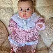 Ariella joined the competition — help win amazing prizes! baby, chair, child, closeup, comfort, cozy, cute, feet, hands, indoor, infant, knitted_sweater, pink_clothing, portrait, ribbon, sitting, soft_texture, warm, white_clothing, wide_eyes