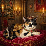 Potato is registered to the contest to win money with this photo: cat, calico_cat, crown, jewelry, pillow, velvet_cushion, throne_room, tapestry, candles, candelabra, medieval, royal, regal, ornate, luxury, portrait, indoor, decoration, sleeping_cat, pet