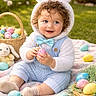 Skyler joined the competition — help win amazing prizes! baby, child, toddler, bunny_ears, costume, easter_eggs, basket, outdoor, grass, blanket, curly_hair, blue_bowtie, smile, happy, playful, spring, holiday, cute, toy, plush_toy