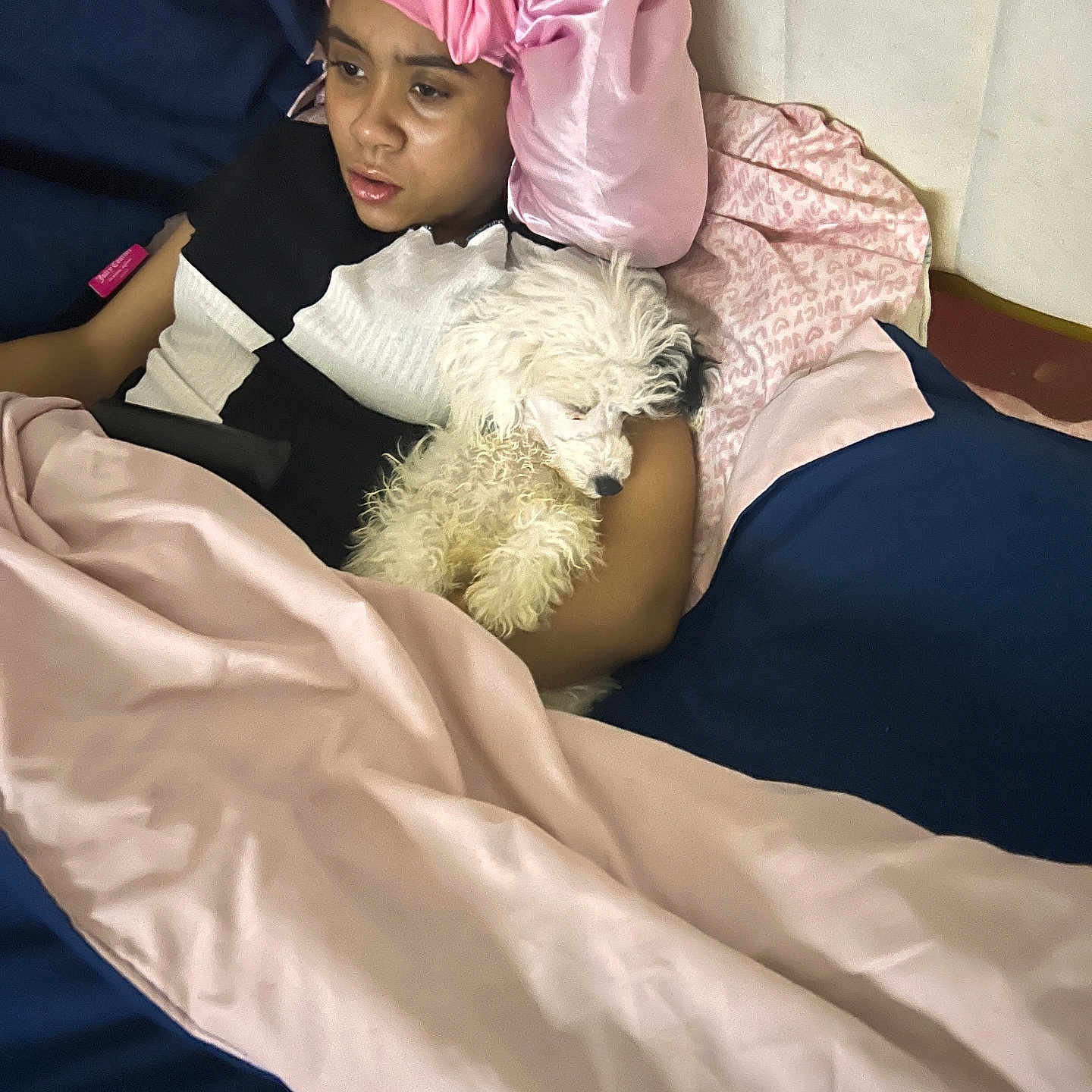 Blake joined the competition — help win amazing prizes! adult, animal, bed, blanket, canine, cap, clothing, couch, face, female, furniture, happy, hat, head, person, pet, photography, portrait, smile, woman