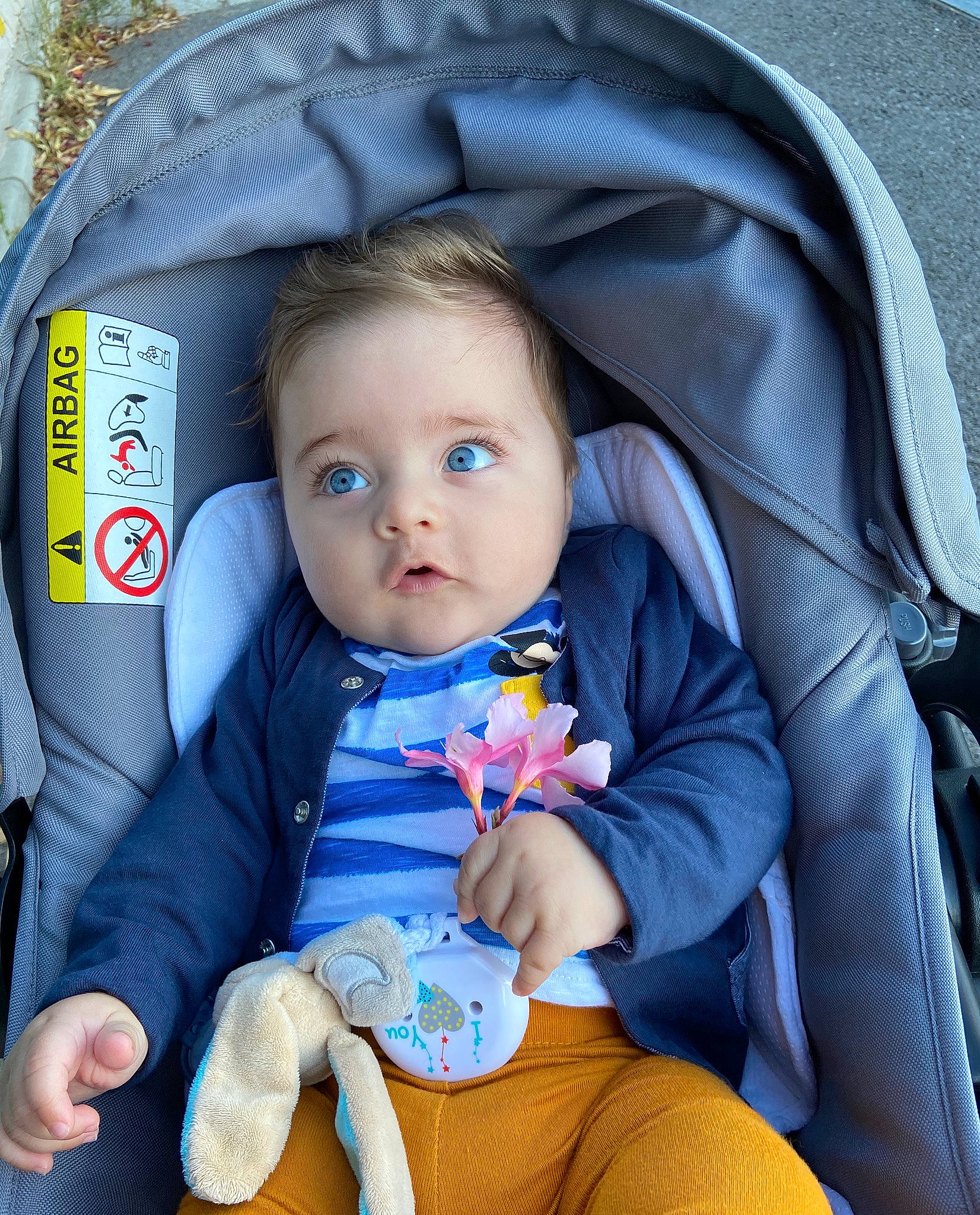 Luca a rejoint le concours — aidez-le/la à gagner de superbes lots ! arm, baby_carriage, baby_products, blue, cheek, clothing, comfort, eye, face, finger, fun, grass, green, hair, head, human, leg, person, product, sitting