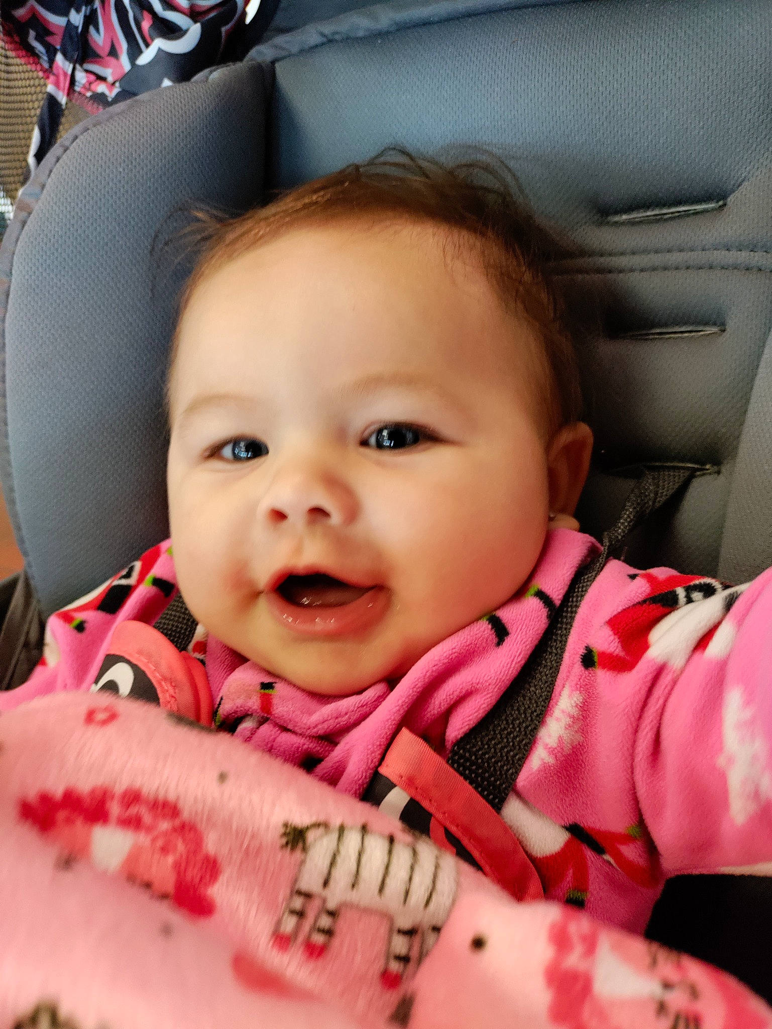 Lilah joined the competition — help win amazing prizes! baby, baby_toddler_clothing, car_seat, cheek, chin, comfort, eyebrow, eyelash, hairstyle, happy, head, lip, mouth, nose, person, product, skin, sleeve, smile, toddler