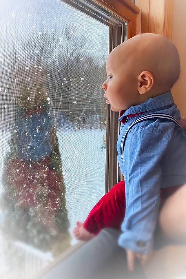 Brycen joined the competition — help win amazing prizes! baby, baby_toddler_clothing, child, flooring, freezing, fun, glass, happy, leisure, morning, outerwear, person, precipitation, sky, standing, toddler, tree, window, windshield, winter