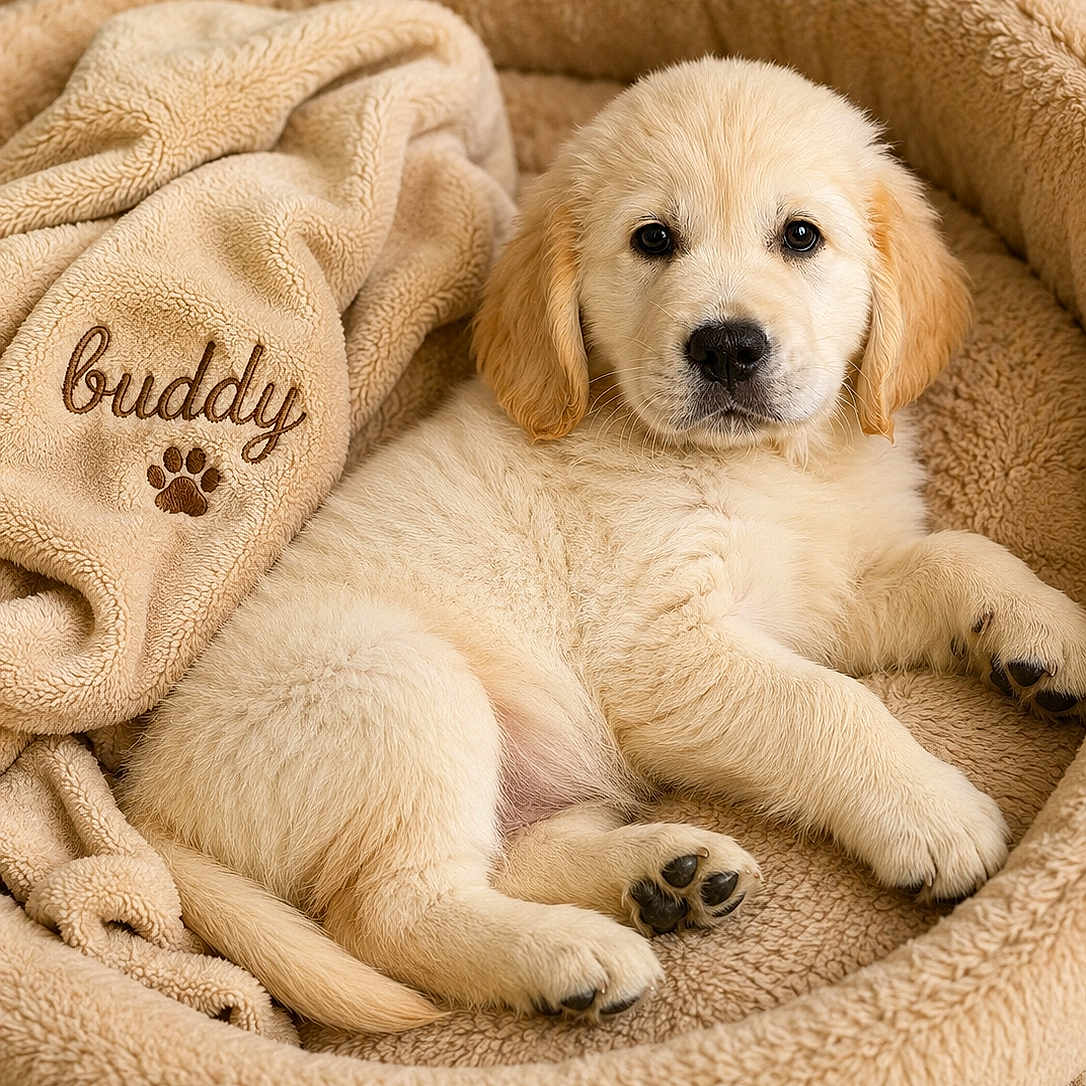 Buddy participe au concours pour gagner de l'argent avec cette photo : puppy, golden_retriever, dog, pet, bed, blanket, cozy, cute, animal, fur, laying, indoors, soft, comfort, young, canine, face, paw, sleepy, resting