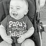 Kolten joined the competition — help win amazing prizes! baby, smiling, stroller, child, cute, happy, infant, toddler, clothing, seatbelt, sitting, portrait, outdoor, black_and_white, person, young_child, joyful, cute_expression, baby_girl, baby_boy