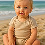 baby, child, beach, sand, ocean, water, onesie, barefoot, cute, smiling, sitting, sunlight, outdoor, blue_sky, waves, infant, portrait, hands, feet, blonde_hair
