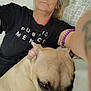 arm, black_shirt, bracelet, casual, close_up, companion, couch, dog, face, home, indoor, person, pet, pillow, relaxed, resting, selfie, short_hair, tan_dog, tattoo