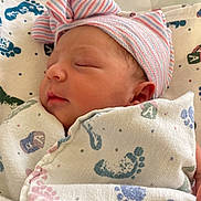 Samadhi joined the competition — help win amazing prizes! newborn, baby, sleeping, blanket, hat, striped_hat, footprints, bed, soft, wrapped, infant, peaceful, cute, child, portrait, indoors, closeup, headwear, resting, cozy