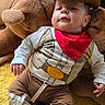Aaron participe au concours pour gagner de l'argent avec cette photo : baby, cowboy_hat, red_bandana, plush_toy, teddy_bear, yellow_carpet, brown_pants, white_shirt, baby_clothing, child, smiling, cute, indoors, soft_toys, hat, portrait, infant, sitting, happy, person