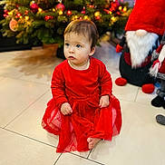 Noémie participe au concours pour gagner de l'argent avec cette photo : toddler, child, red_dress, christmas_tree, ornaments, holiday, gnome, decorations, floor, tile, indoor, festive, cute, sitting, curious, gaze, winter, celebration, lighting, portrait