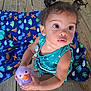 Chianne is registered to the contest to win money with this photo: toddler, child, toy, rubber_duck, blue_blanket, dinosaur_pattern, wooden_floor, curly_hair, pigtails, green_dress, sitting, indoors, cute, playtime, bright_eyes, hand, small_fingers, colorful, young_child, portrait