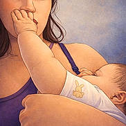Youo joined the competition — help win amazing prizes! mother, baby, infant, face, hand, arm, skin, clothing, earring, portrait, closeup, holding, toddler, expression, affection, bonding, cute, young_child, purple_top, illustration_style