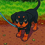 Alpha a rejoint le concours — aidez-le/la à gagner de superbes lots ! adorable, animal, black_and_tan, cartoon, cute, dog, grass, greenery, illustration, leash, leaves, nature, outdoor, path, pet, playful, puppy, small_dog, walking, young_dog