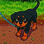 adorable, animal, black_and_tan, cartoon, cute, dog, grass, greenery, illustration, leash, leaves, nature, outdoor, path, pet, playful, puppy, small_dog, walking, young_dog