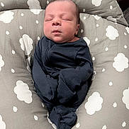 Grayson joined the competition — help win amazing prizes! newborn, baby, infant, sleeping, swaddled, blanket, cloud_pattern, onesie, portrait, cute, indoors, pillow, soft_fabric, peaceful, small_person, head, face, close_up, resting, nursery