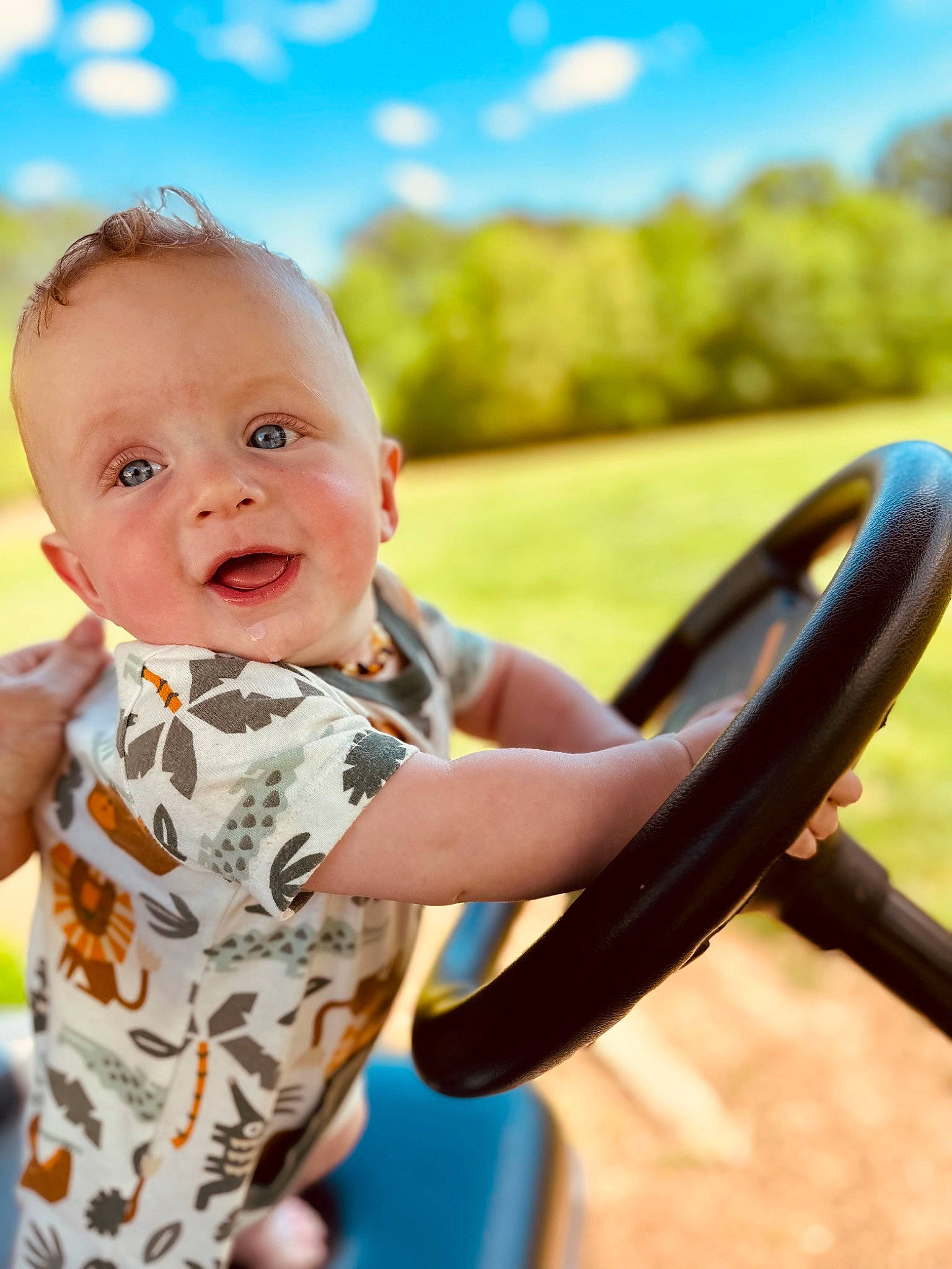 Brodie joined the competition — help win amazing prizes! automotive_mirror, baby, baby_toddler_clothing, child, cool, flash_photography, fun, grass, happy, leisure, people_in_nature, person, recreation, sky, smile, steering_wheel, swing, t_shirt, toddler, tree