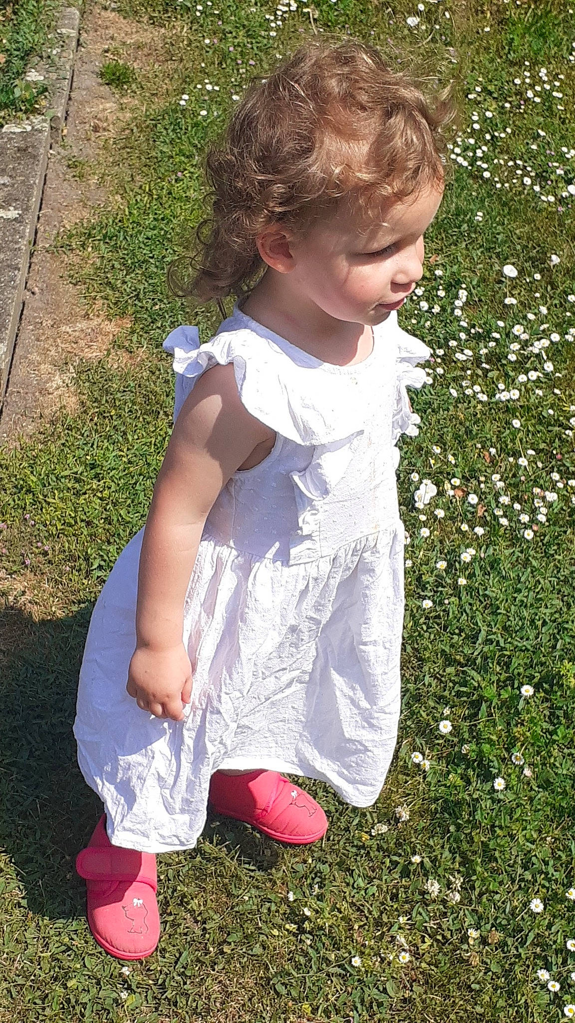 Rose participe au concours pour gagner de l'argent avec cette photo : baby, baby_toddler_clothing, child, dress, foot, fun, grass, grass_family, groundcover, hairstyle, happy, lawn, pattern, people_in_nature, person, petal, plant, play, sitting, sleeve