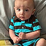 Colson joined the competition — help win amazing prizes! baby, blue_stripes, brown_stripes, casual, child, curious, cute, fabric, hands, indoor, infant, legs, looking, person, portrait, sitting, soft, striped_clothing, wide_eyes, young