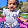 Akeilah is registered to the contest to win money with this photo: baby, child, outdoor, grass, blue_sky, white_clothing, floral_pattern, headband, pink_blanket, curly_hair, infant, sunlight, nature, trees, park, cute, portrait, sitting, young_child, daytime